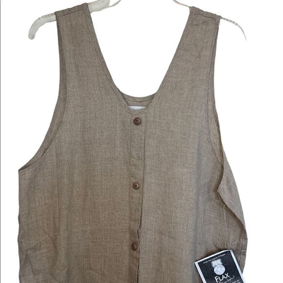 Flax 100% Linen Tan Sleeveless Button-Front Lagenlook Peasant Midi Dress - Picture 3 of 7